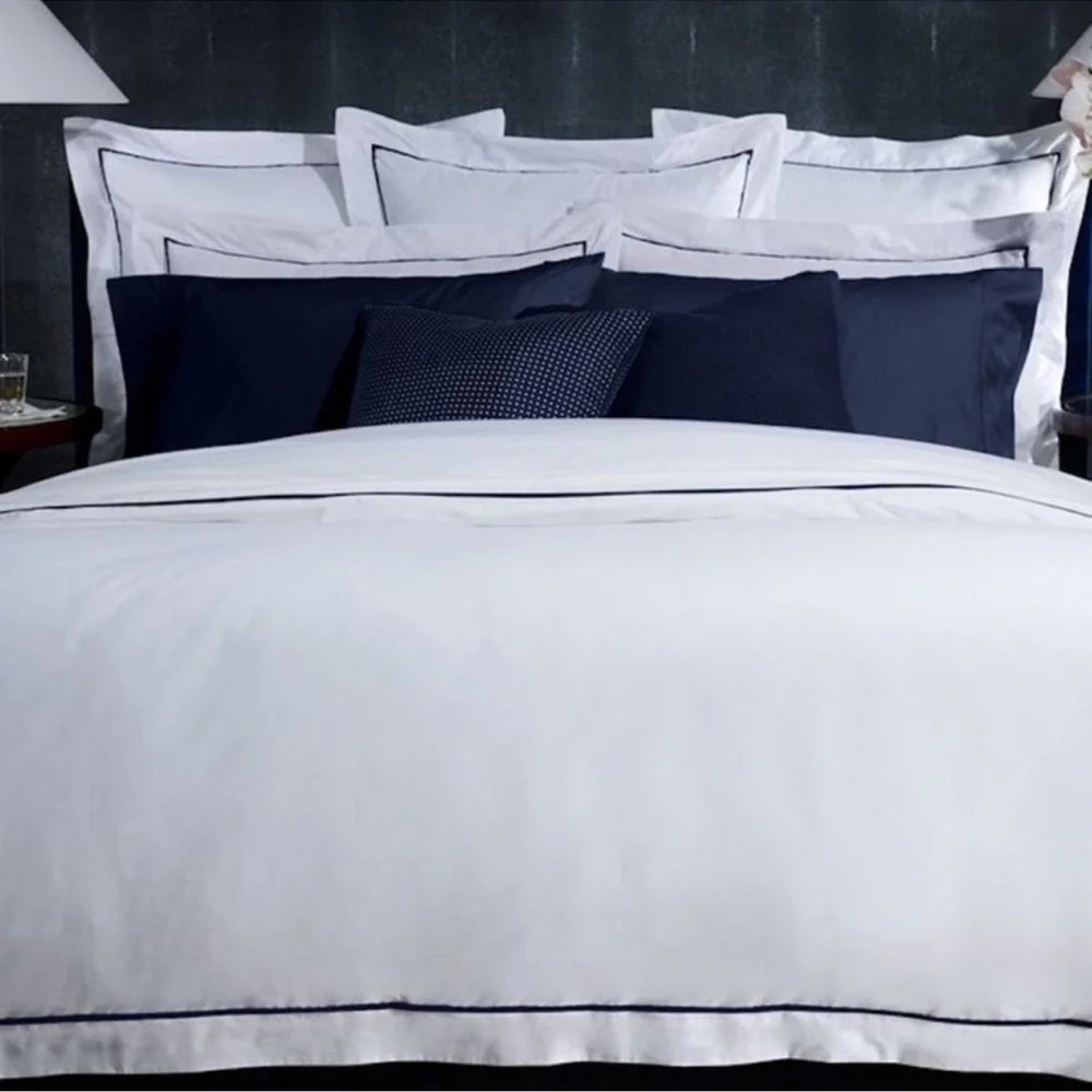 Ralph Lauren Bedding Organic Palmer Percale Navy Blue White King Flat Sheet NWT